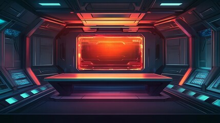 Poster - futuristic scifi room interior design red orange neon lights digital art modern technology backgroun