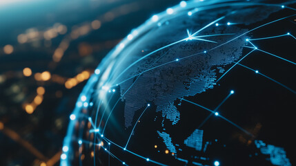 Poster - Global Network: A digital globe with interconnected lines illustrating the worldwide network, symbolizing global communication and the interconnectedness of the world.