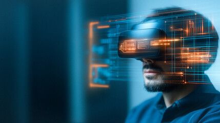 Poster - Immersed in Digital Realm: A man wearing a VR headset is absorbed in the virtual experience, glowing lines suggesting a complex and immersive digital world.
