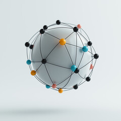Poster - Global Connectivity: A network of interconnected nodes surrounds a pristine sphere, illustrating global connections, communication, and the flow of data.