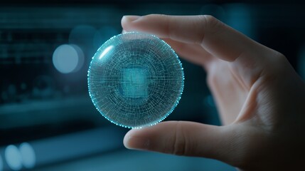 Poster - Hand holding a glowing digital sphere with intricate patterns representing advanced technology and data processing