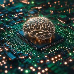 Poster - Digital Brain: A glowing representation of a human brain sits atop a computer chip. The image captures the essence of artificial intelligence.