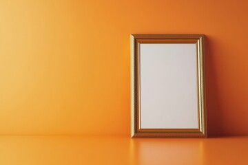 Fototapete - A golden framed picture leans on an orange colored wall