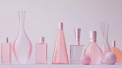 Canvas Print - Fragrances in transparent bottles arrayed against a pale background showcase scent in minimalist elegance