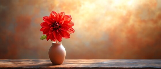 Sticker - Red dahlia in vase, autumn background, wood table