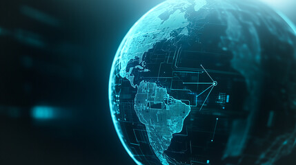 Poster - global network: a digitally rendered globe, showcasing intricate lines of connection, glows against 