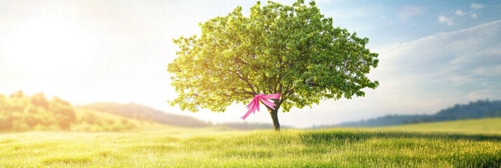 Leinwandbilder - Bright sunny day featuring a large green tree with a pink ribbon in an open grassy field against a clear blue sky. Generative AI