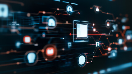 Poster - Cybernetic Connectivity: A futuristic digital landscape, intricate circuits pulsating with data flow, icons representing various technologies, symbolizing the interconnectedness of the digital age.