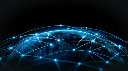 Poster - Digital Connections: Abstract illustration of a network of interconnected lines and points forming a dynamic, glowing, futuristic orb, symbolizing global communication, innovation.