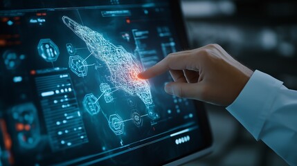 Poster - Hand interacting with a digital touchscreen display showing futuristic data and graphics in a modern environment