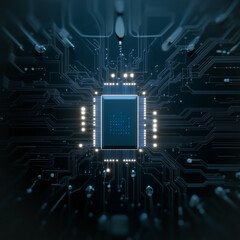 Poster - futuristic digital core: an intricate, glowing microchip and circuit board, hinting at cutting-edge 