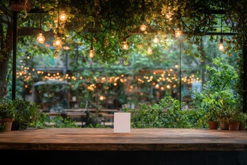 Poster - A menu frame is positioned on a wooden table in a bar, restaurant, or cafe, leaving space for text-based marketing promotions