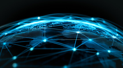 Poster - Global Connectivity:  An abstract digital depiction of Earth enveloped by a network of interconnected lines, glowing with vibrant blue light, symbolizing global connectivity and communication.