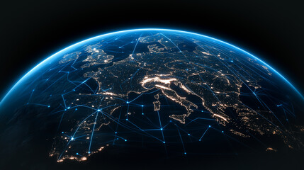 Poster - Global Network Connectivity: The Earth is enveloped in a web of glowing blue lines representing interconnected networks.