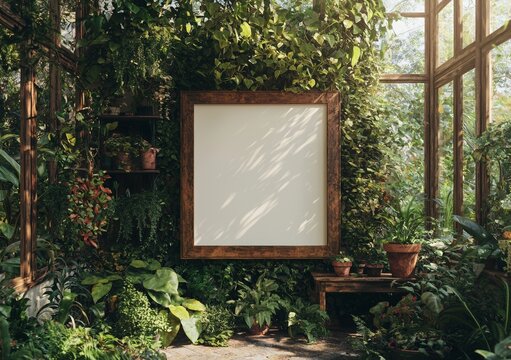 A white wall background serves as the setting for a 3D rendered home interior poster mock up, featuring a horizontal metal frame, succulents arranged in a basket, and a collection of books piled high