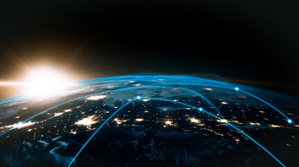 Poster - Global Connectivity: An awe-inspiring view of planet Earth at night, interwoven with glowing, interconnected lines, symbolizing the vast network and worldwide connection. 