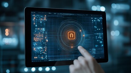 Poster - Interactive digital padlock interface displayed on a tablet screen showing security features and data connectivity