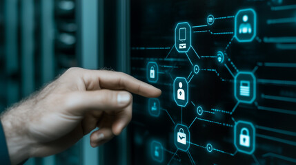 Poster - Digital Security Touch: A hand interacts with an illuminated interface showcasing digital security measures, symbolizing the safeguarding of information and the protection of online systems.
