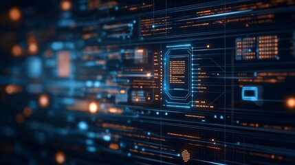 Fototapete - Digital interface showcasing futuristic data visualization with glowing elements and structured grids in a tech environment