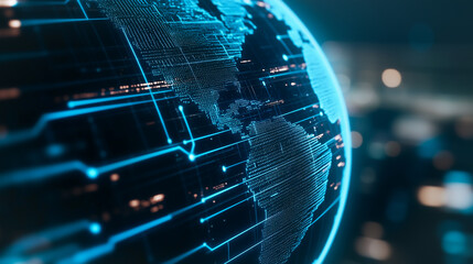Poster - Global Connectivity: An evocative visual of a digital globe intertwined with glowing data streams, illustrating the concept of worldwide communication and technological advancement.