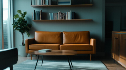 Poster - Cozy Interior Living Space: A modern, inviting living room interior showcases a sleek brown leather sofa, a circular coffee table, bookshelves, and a vibrant green potted plant.