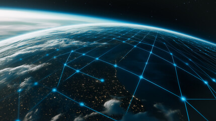 Poster - Global Network: A stunning futuristic depiction of a global network connecting the world, showcasing the intricate web of communication and data flow across continents.