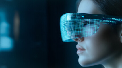 Poster - Digital Horizons: A woman wearing futuristic virtual reality glasses, the digital world reflected in her focused expression, exploring the possibilities of the metaverse.