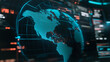 © CreativeIMGIdeas - Global Network:  A futuristic, stylized representation of the Earth, a globe encased in digital gridlines against a backdrop of intricate digital interfaces.