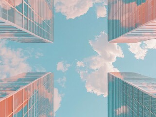 Poster - A futuristic architectural concept is represented by a 3D render of a high-rise glass building and dark steel window system under a bright blue sky, with sunlight illuminating the top of the building