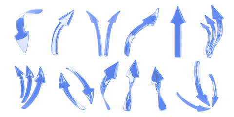 Poster - 3d set of glass blue arrows isolated render icon. Curved glossy direction pointer up, down, left and right. Double and triple split arrow for infographic, circular symbol, update sign. 3D illustration