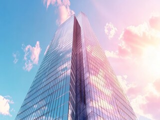Poster - The concept of future architecture in business is illustrated by a 3D render of a high-rise glass building with dark steel windows on a clear blue sky background, with the sun shining at the top