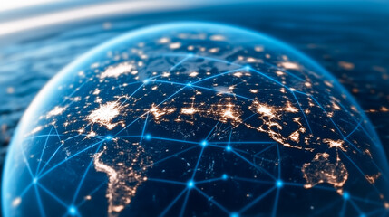 Poster - global network: earth from space illuminated by the digital network, conveying worldwide connection.