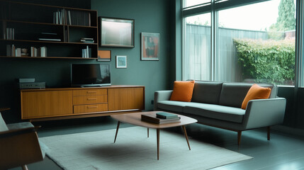 Poster - Modern Living Room: A stylish living room showcasing contemporary design, with sleek furniture, a large window providing natural light, and tasteful décor creating a relaxing atmosphere.