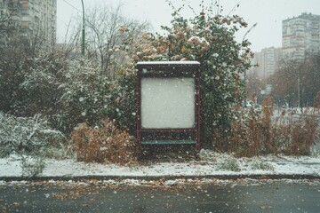Poster - A city poster featuring a winter scene with thick borders, a blank white billboard in an urban environment, and an empty information board on the sidewalk with space for a logo
