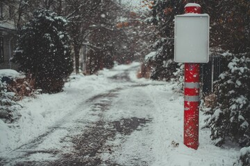 Poster - A blank white billboard in an urban environment displays a vertical mock-up of a winter city poster featuring thick edges, along with a placeholder for street information on the sidewalk and a vacant