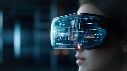 Poster - Virtual Reality Goggles: A person wearing futuristic VR goggles, experiencing the immersive technology with a focus on the details of the lenses.