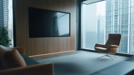Poster - Modern Executive Lounge: A contemporary and stylish lounge featuring a comfortable armchair and a large television.