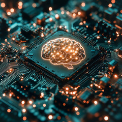 Poster - Brain-Like Processor: A futuristic glowing brain rests on a computer chip, illustrating the concepts of artificial intelligence and technological advancement.
