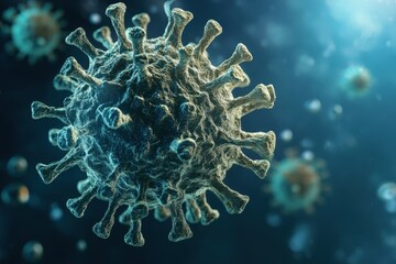 Poster - Virus structure shown in detailed view with surrounding particles captured under microscope