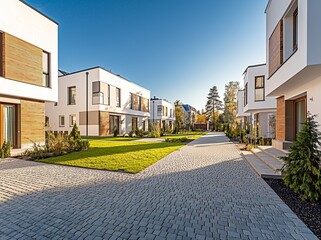 Poster - A residential complex consisting of apartment buildings and houses with a sunny gate