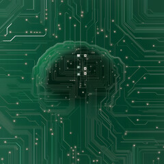 Wall Mural - AI Brain: A striking visual representation of an AI brain overlaid on a circuit board, symbolizing the intersection of artificial intelligence and technology