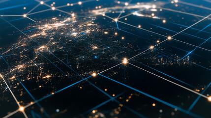 Poster - Global Connectivity: Illuminated nodes and interconnected lines weave a digital tapestry over a stylized world map, symbolizing the intricate network of communication and data flow.