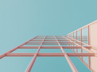 Poster - A business concept of futuristic architecture is illustrated through a 3D model of a high-rise building with curved glass and dark steel windows, positioned against a clear blue sky and highlighting