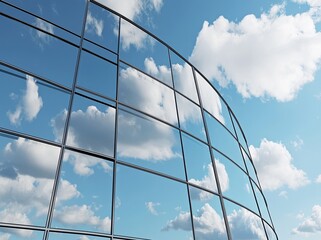 Poster - A futuristic architectural concept is illustrated through a 3D visualization of a high-rise building with curved glass and dark steel windows, positioned against a clear blue sky and observed from