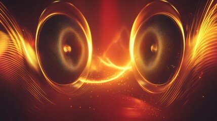 Fototapete - 3D speakers creating luminous sound waves in a vibrant environment during an evening music event. Generative AI
