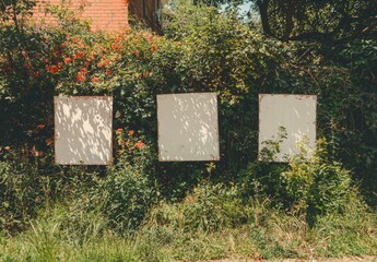 Poster - the city road is lined with empty advertising billboards, each bearing a white blank mock-up panel f