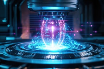 Poster - energy orb emerges from a futuristic technological device in a high-tech lab setting