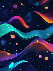 Aufkleber - Digital waves and icons representing technology and innovation in a vibrant abstract design. Generative AI