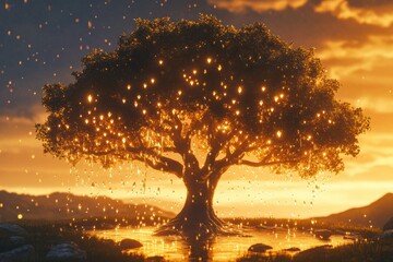 Poster - Captivating glowing tree beside serene water at sunset under a dramatic sky filled with vibrant colors. Generative AI
