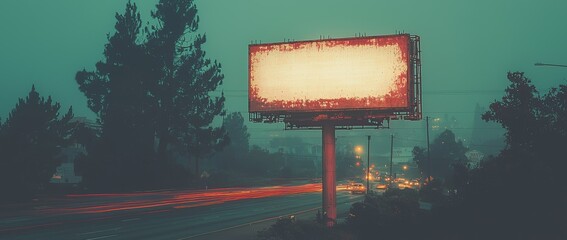 Poster - Near the road, a billboard screen displays a winter MOCKUP on a white field at nighttime